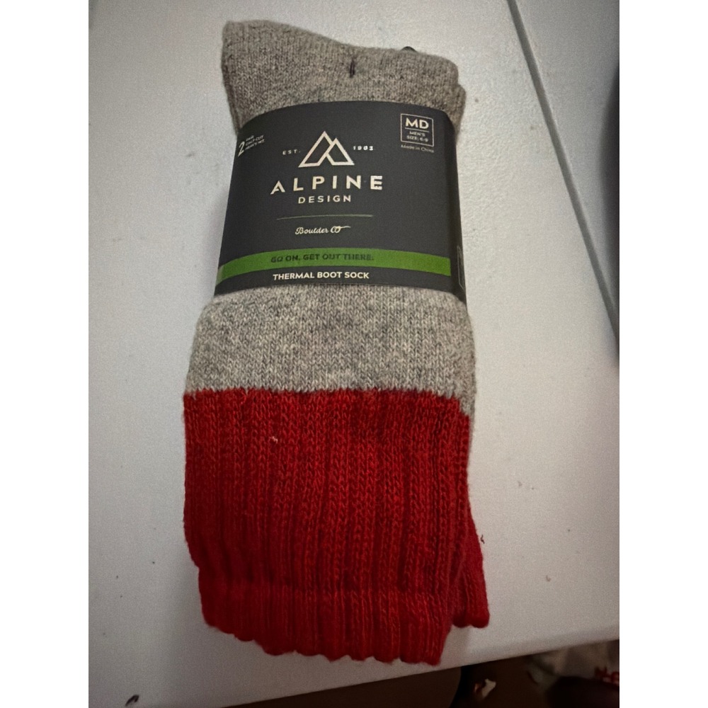 Alpine Design‎ Mens Thermal Boot Socks 2 Pack Grey Red Heavyweight Size M 6-9